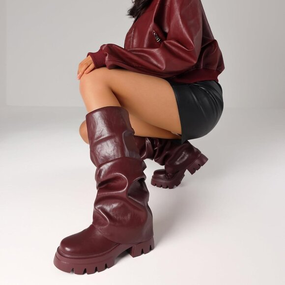 Women's Burgundy Fold Over Boots Slouchy Boots Wide Calf Pleated Platform Boots - Picture 7 of 7